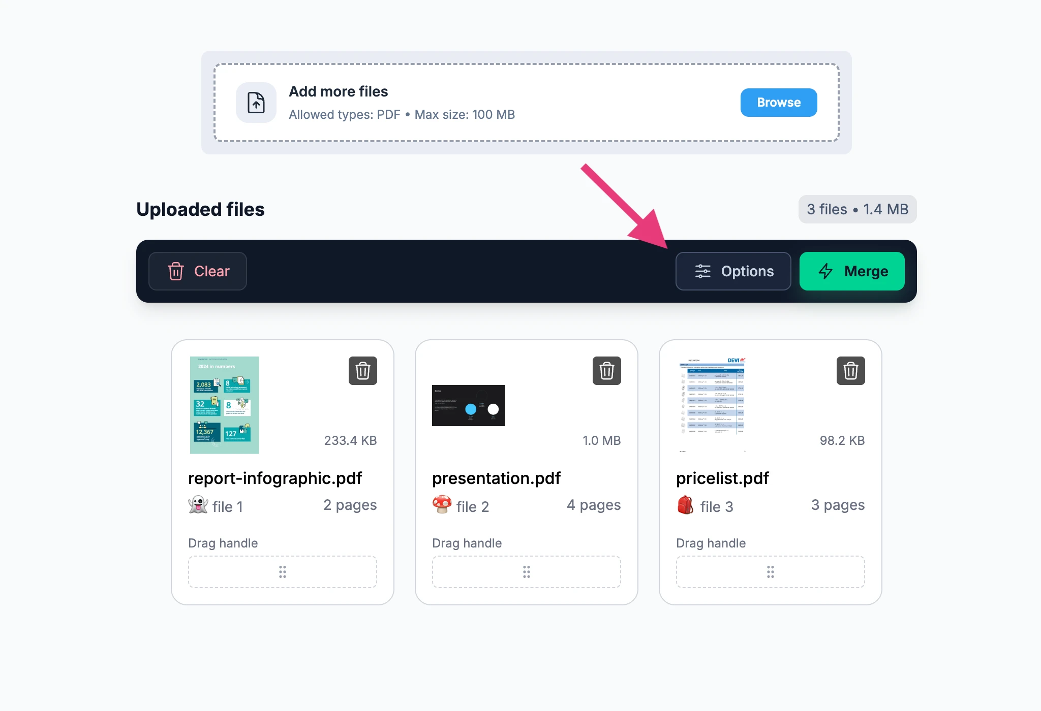 How to merge PDF files on Mac using visual Options mode on headPDF