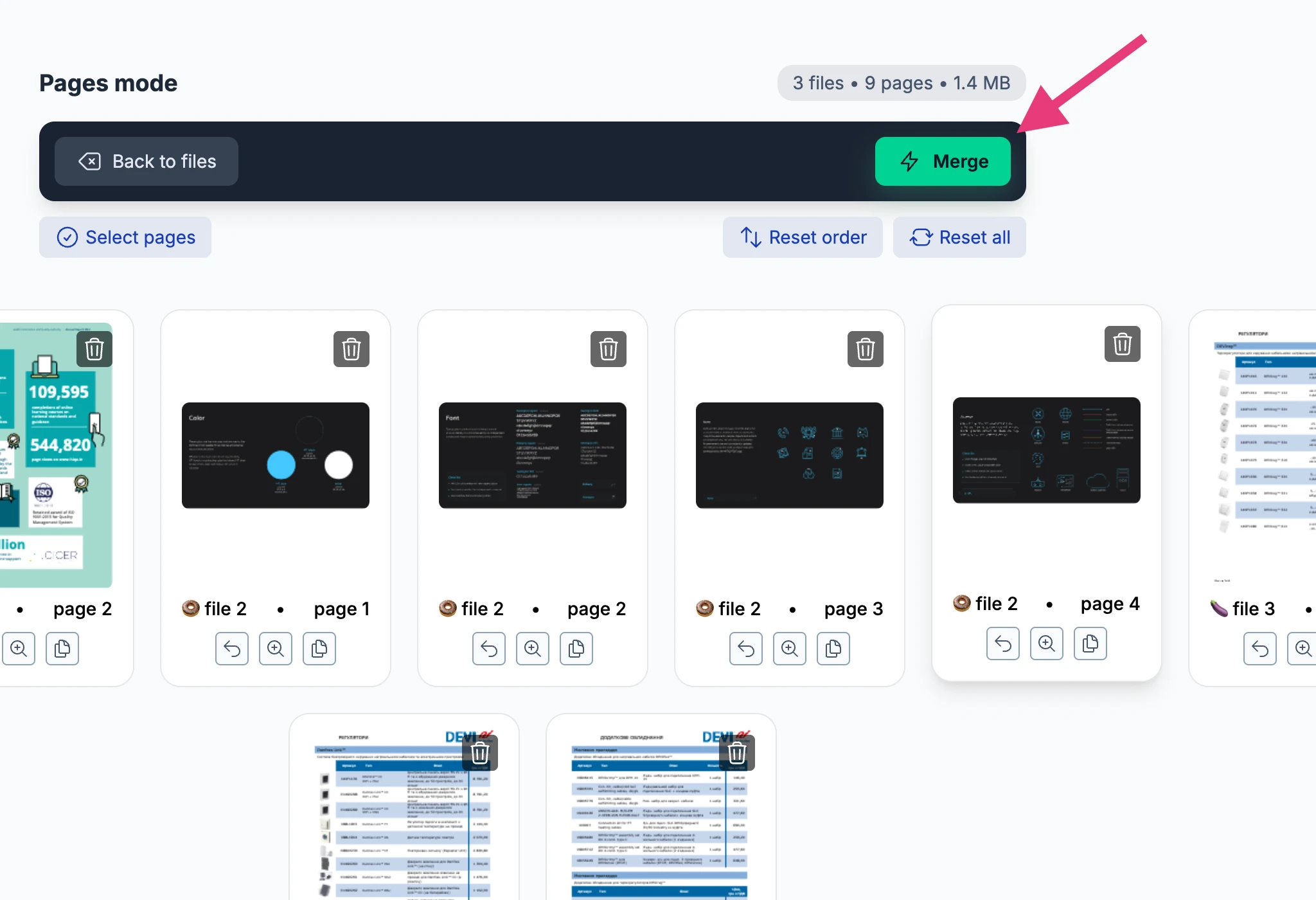 Clicking the merge button to combine PDF files on macOS