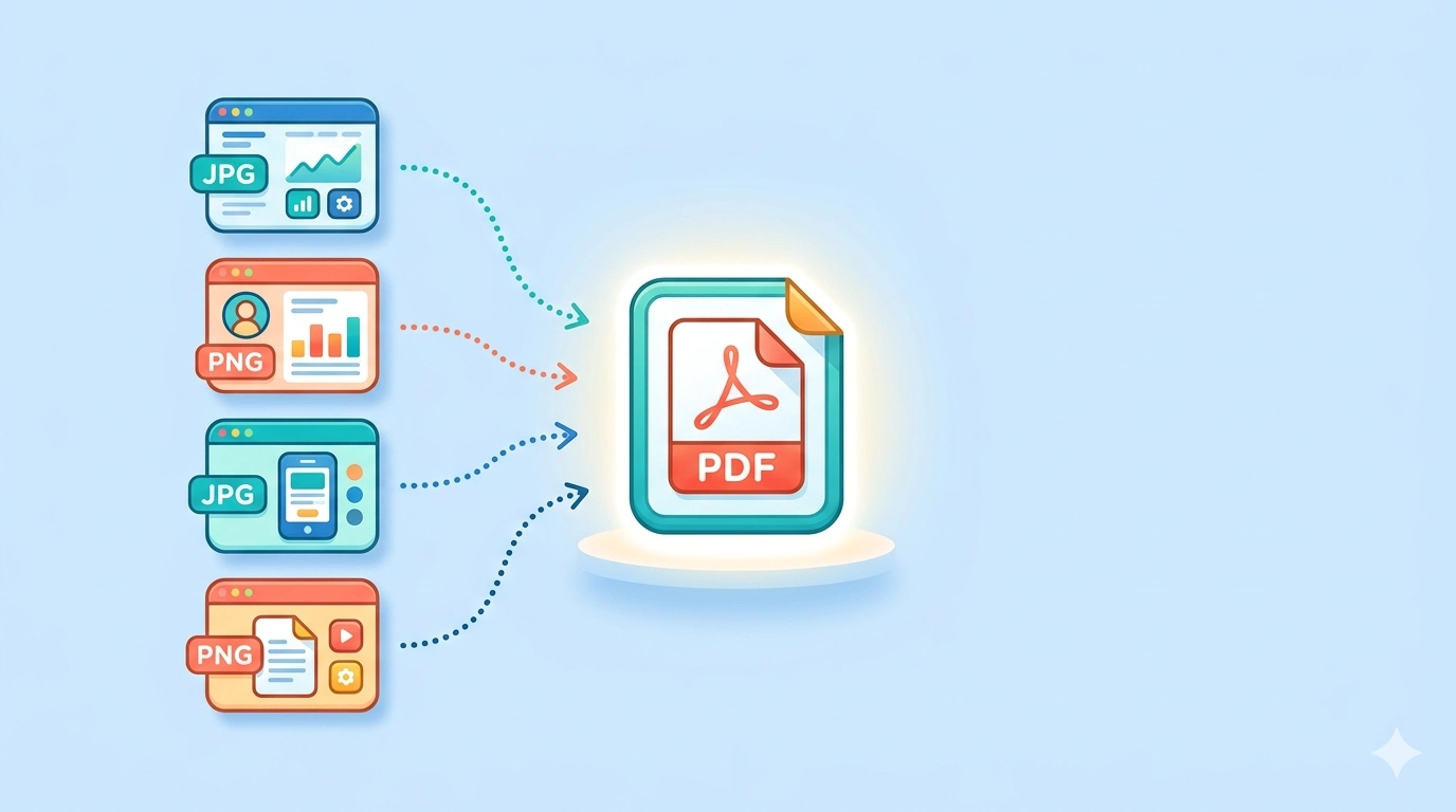 Visual guide on how to merge screenshots into a single PDF file
