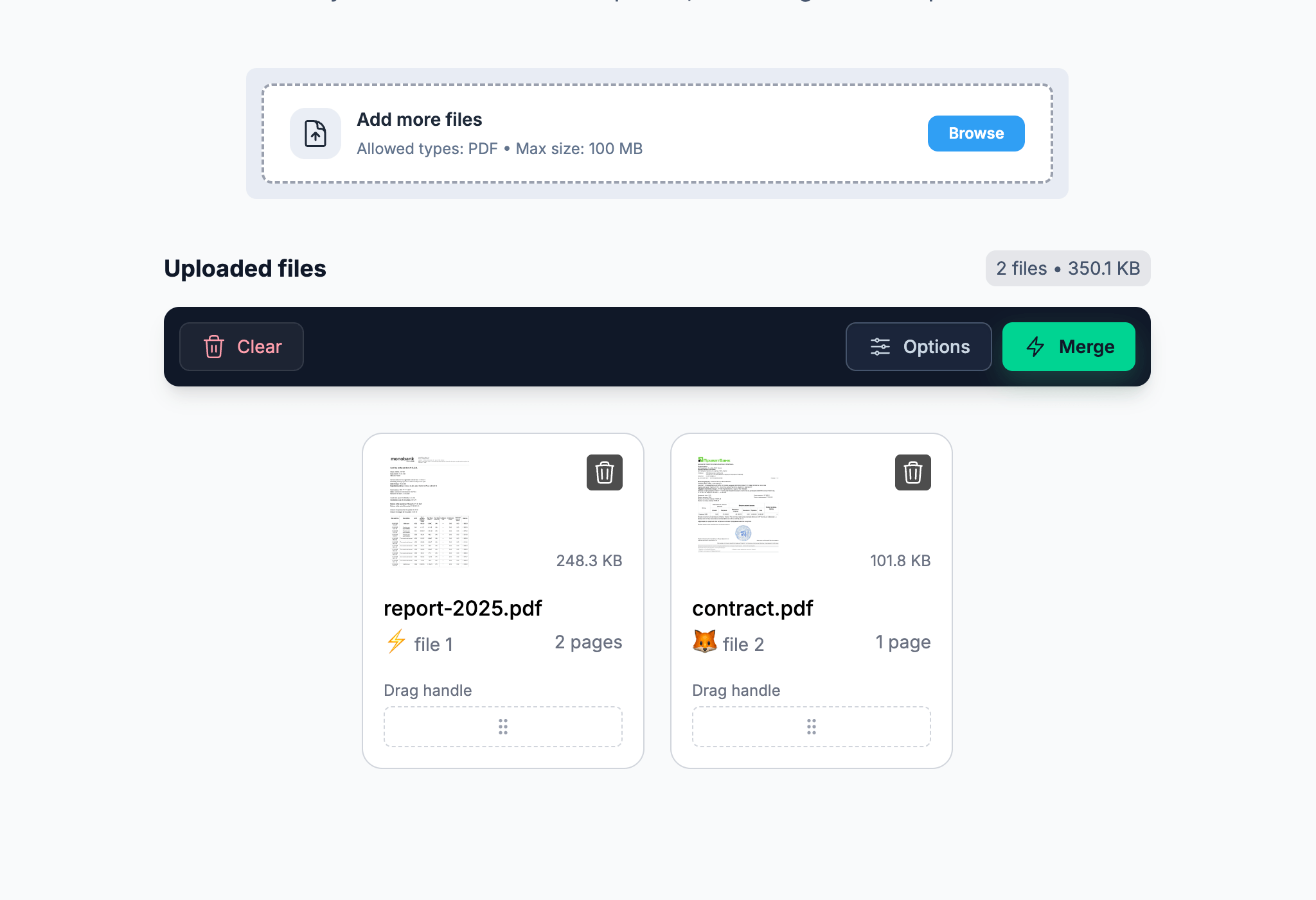 PDF files added and ready to merge